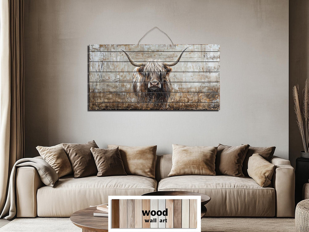 Highland Cow In Grass Distressed Wood Wall Art