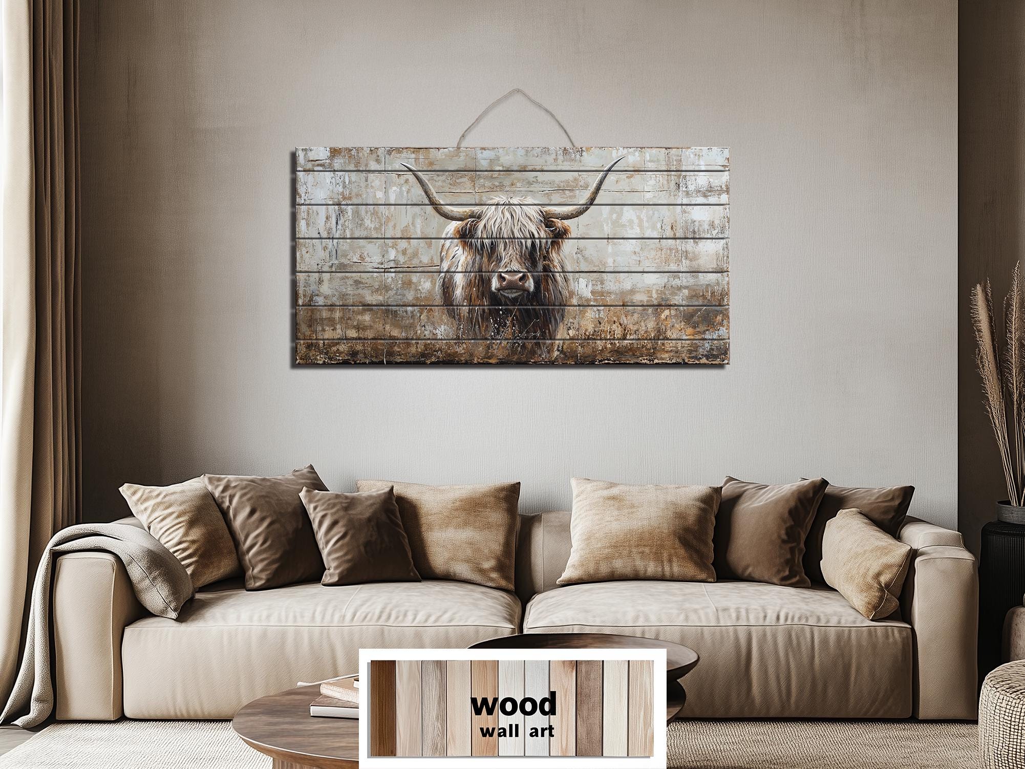 Highland Cow In Grass Distressed Wood Wall Art