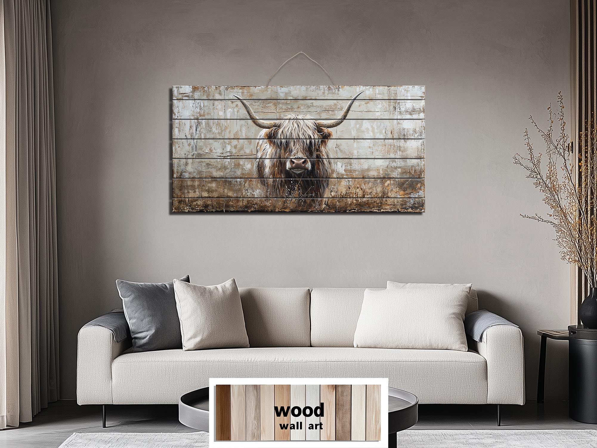 Highland Cow In Grass Distressed Wood Wall Art