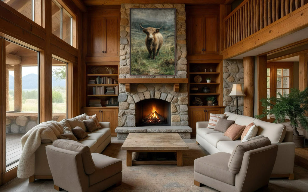 Highland Cow In Green Pasture Vertical Canvas Wall Art