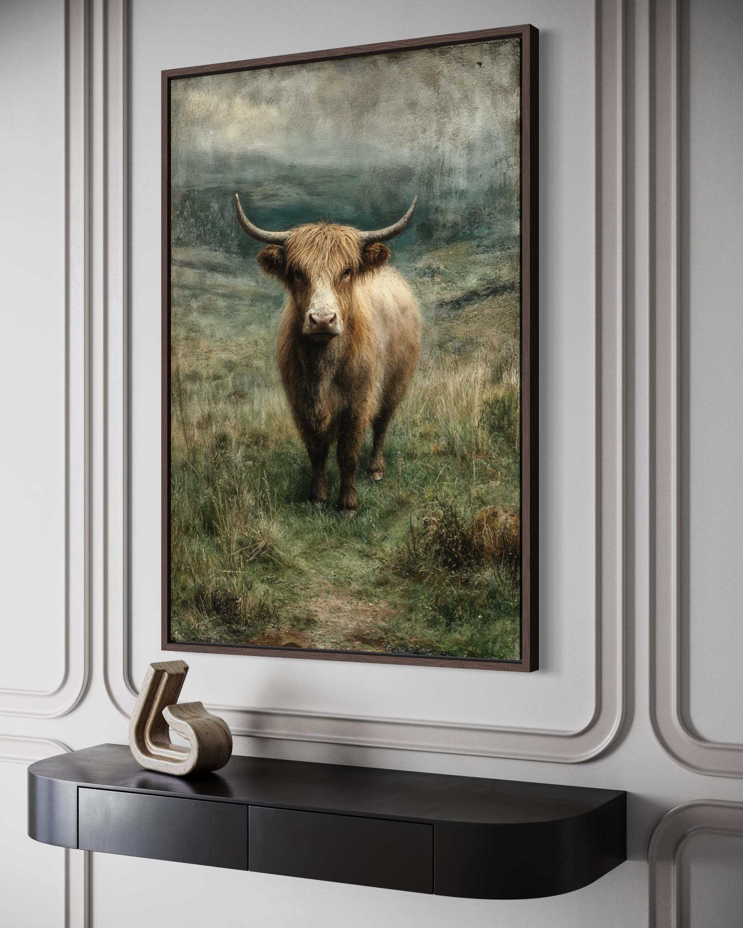 Highland Cow In Green Pasture Vertical Canvas Wall Art