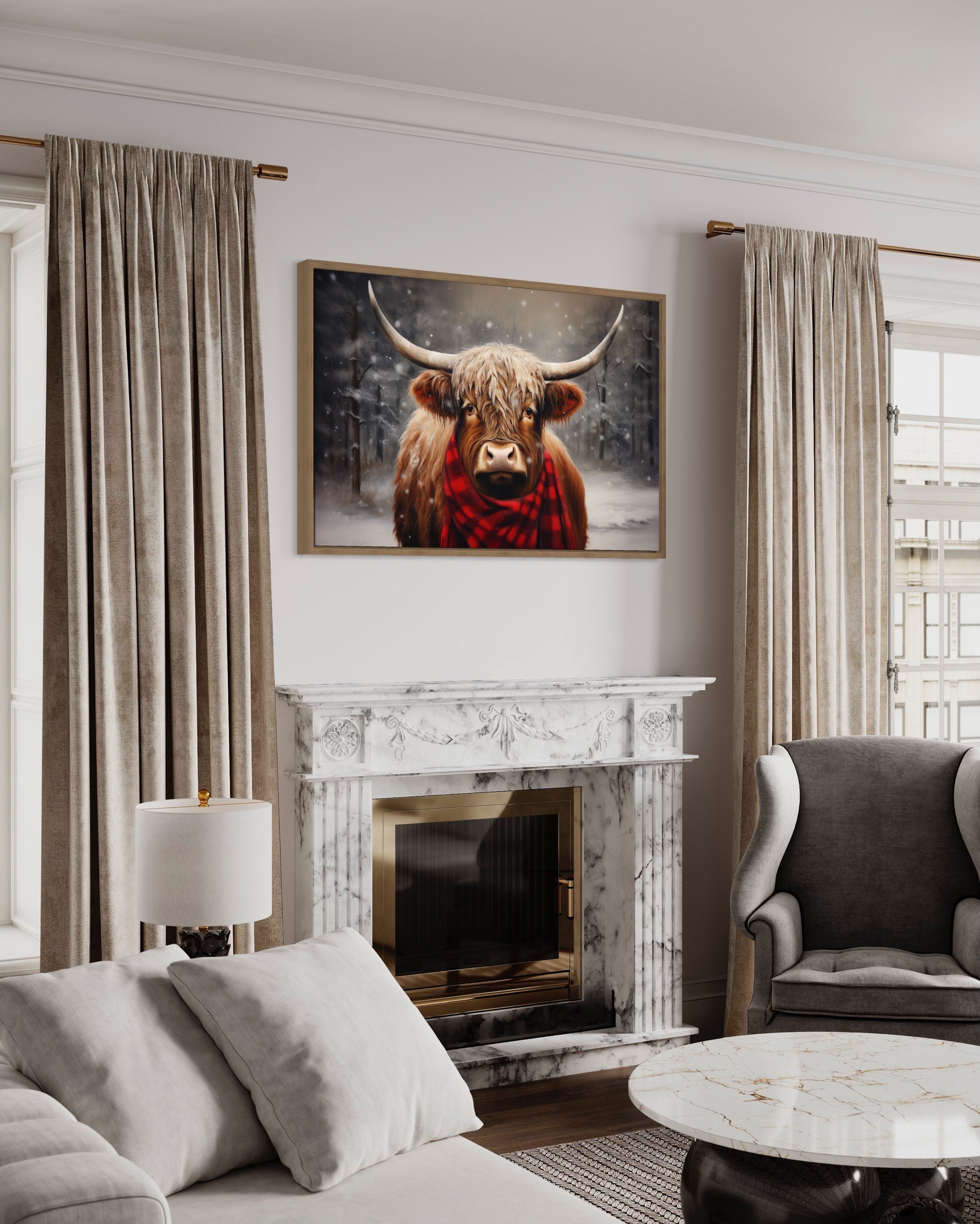 Highland Cow In Snow Winter Framed Canvas Wall Art