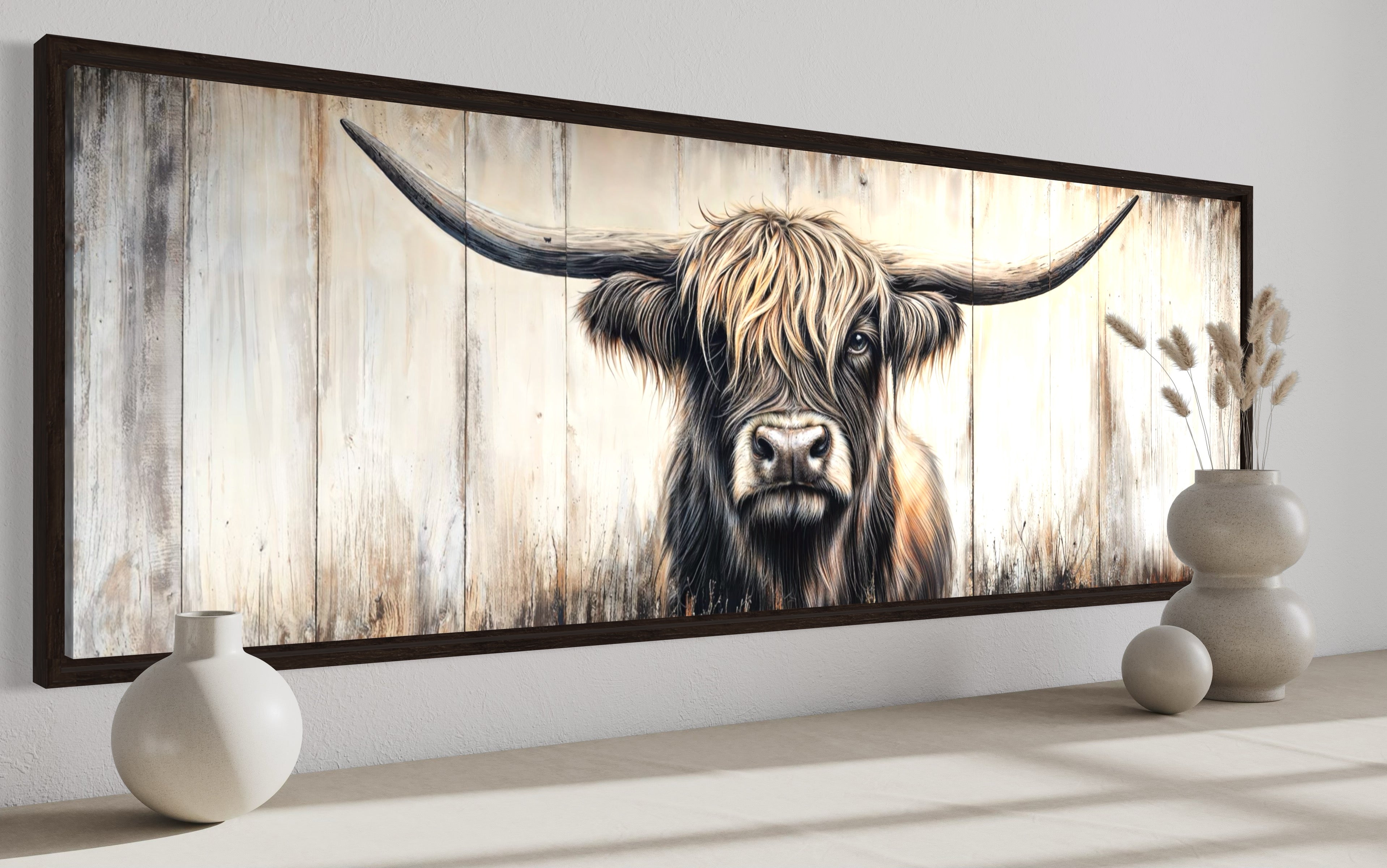Highland Cow Painted On Wood Horizontal Rustic Wall Art