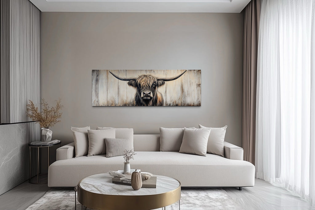 Highland Cow Painted On Wood Horizontal Rustic Wall Art