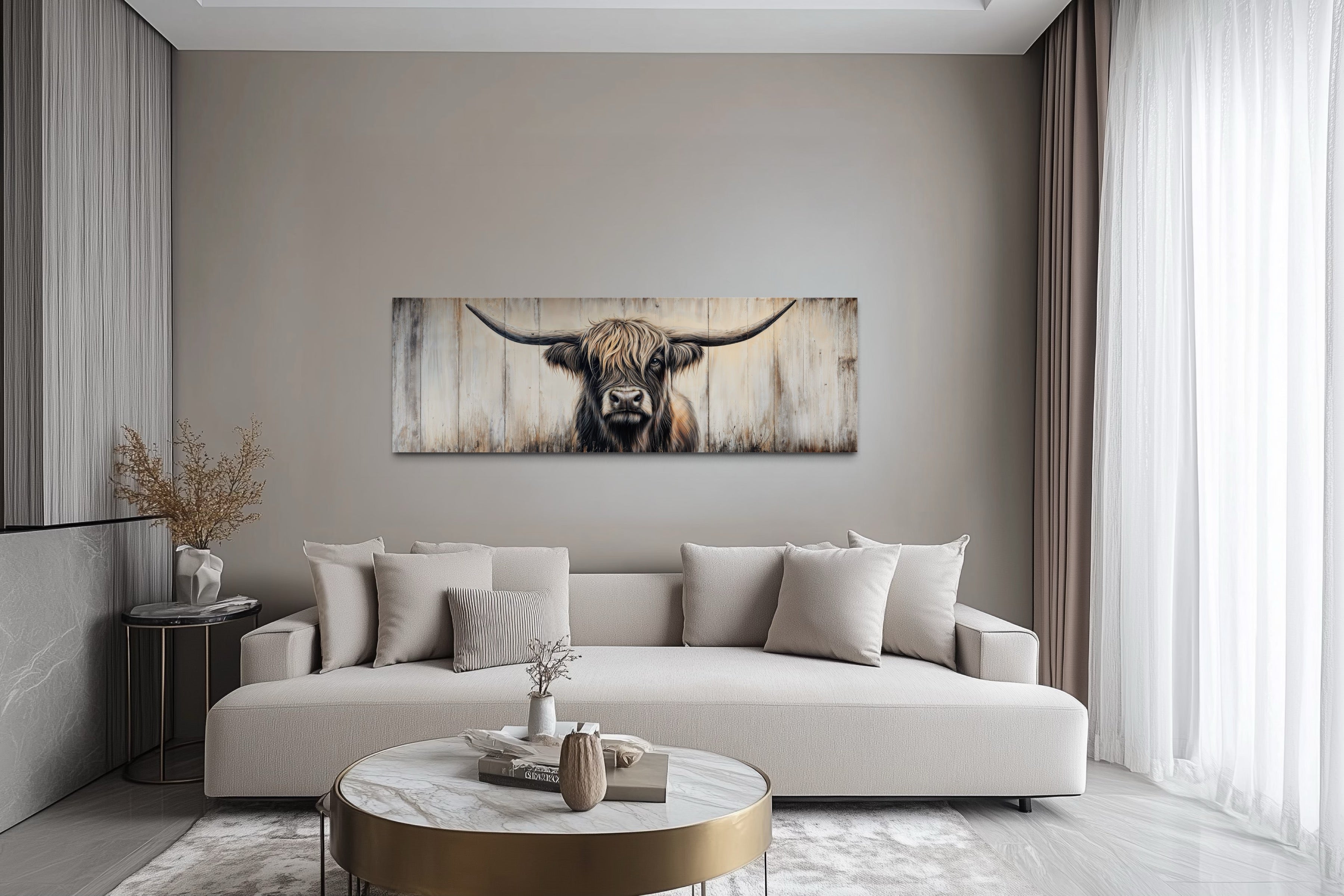 Highland Cow Painted On Wood Horizontal Rustic Wall Art