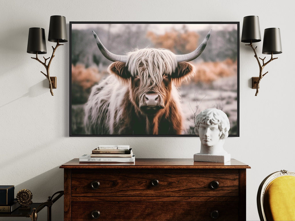 Highland Cow Photography Framed Canvas Wall Art In Sepia Colors