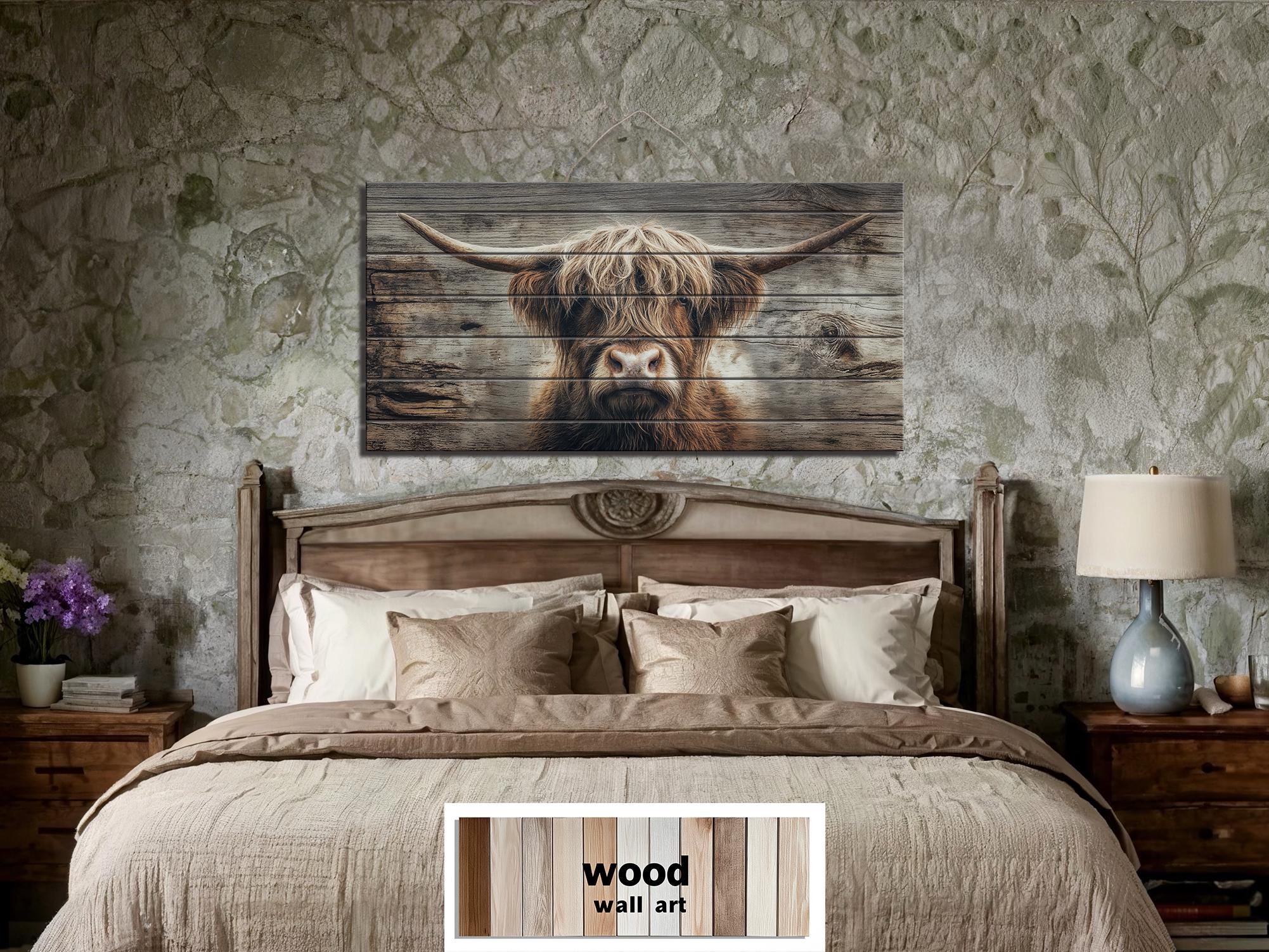 Highland Cow Portrait Large Horizontal Wood Wall Art, Rustic Farmhouse Decor