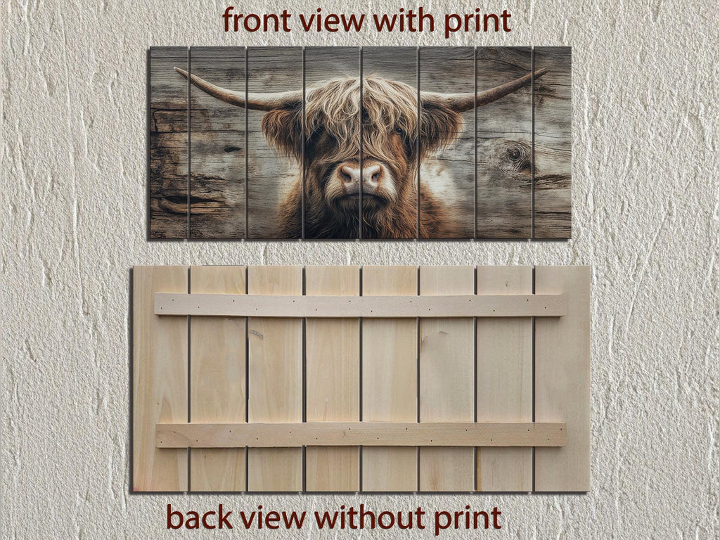 Highland Cow Portrait Large Horizontal Wood Wall Art, Rustic Farmhouse Decor