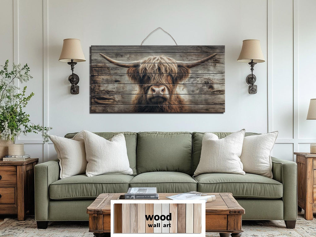 Highland Cow Portrait Large Horizontal Wood Wall Art, Rustic Farmhouse Decor