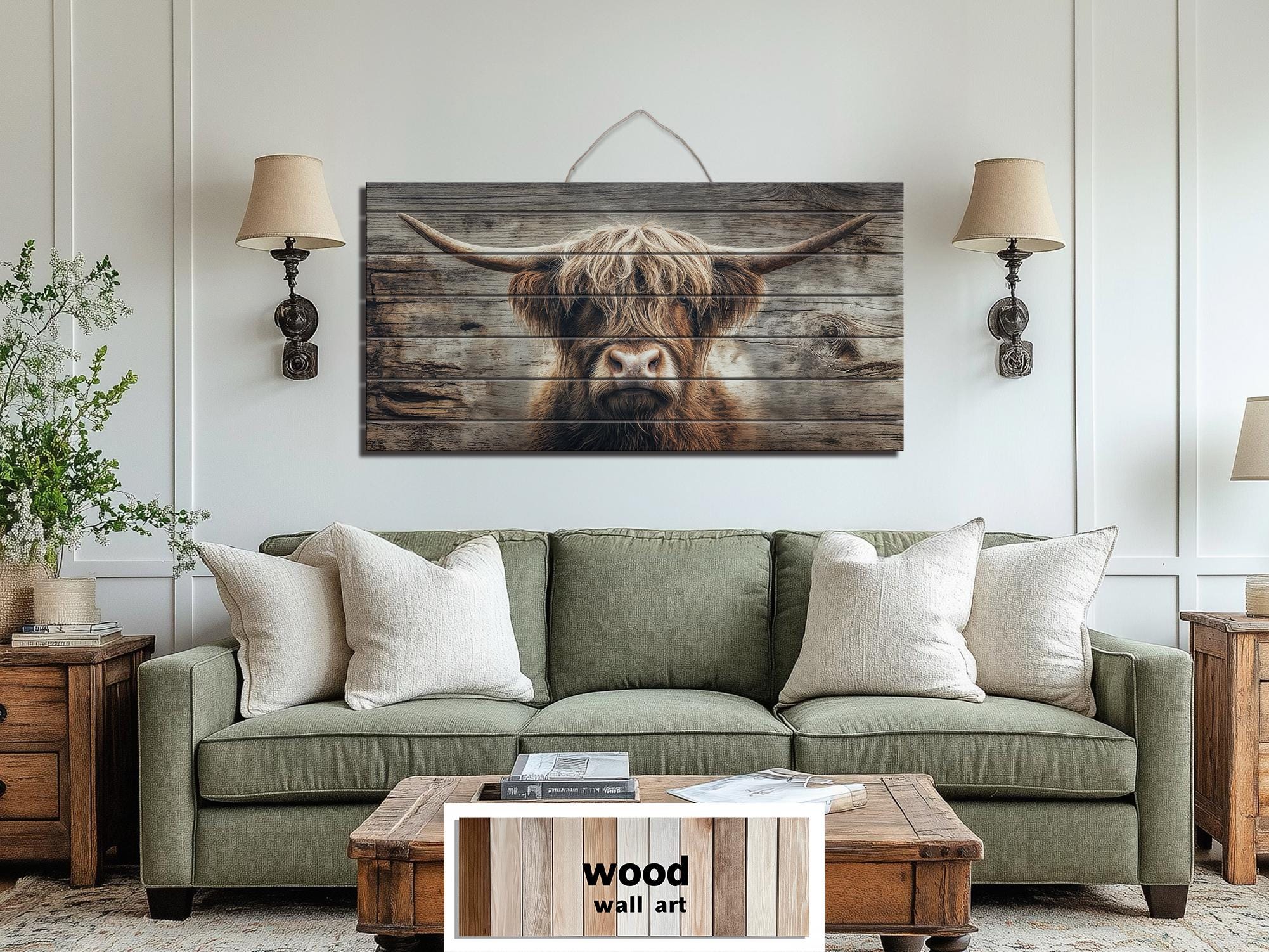 Highland Cow Portrait Large Horizontal Wood Wall Art, Rustic Farmhouse Decor
