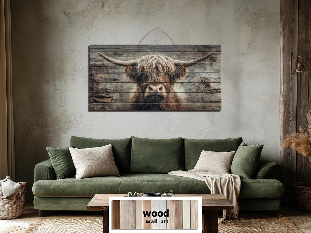 Highland Cow Portrait Large Horizontal Wood Wall Art, Rustic Farmhouse Decor
