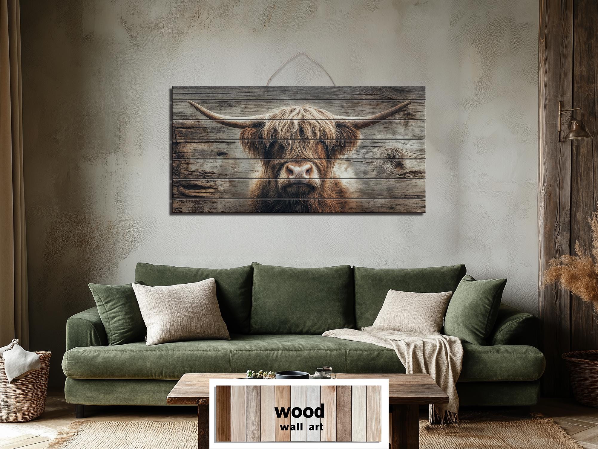 Highland Cow Portrait Large Horizontal Wood Wall Art, Rustic Farmhouse Decor