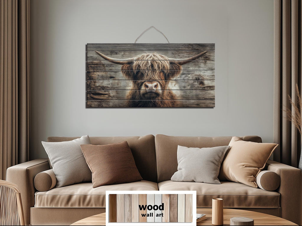 Highland Cow Portrait Large Horizontal Wood Wall Art, Rustic Farmhouse Decor