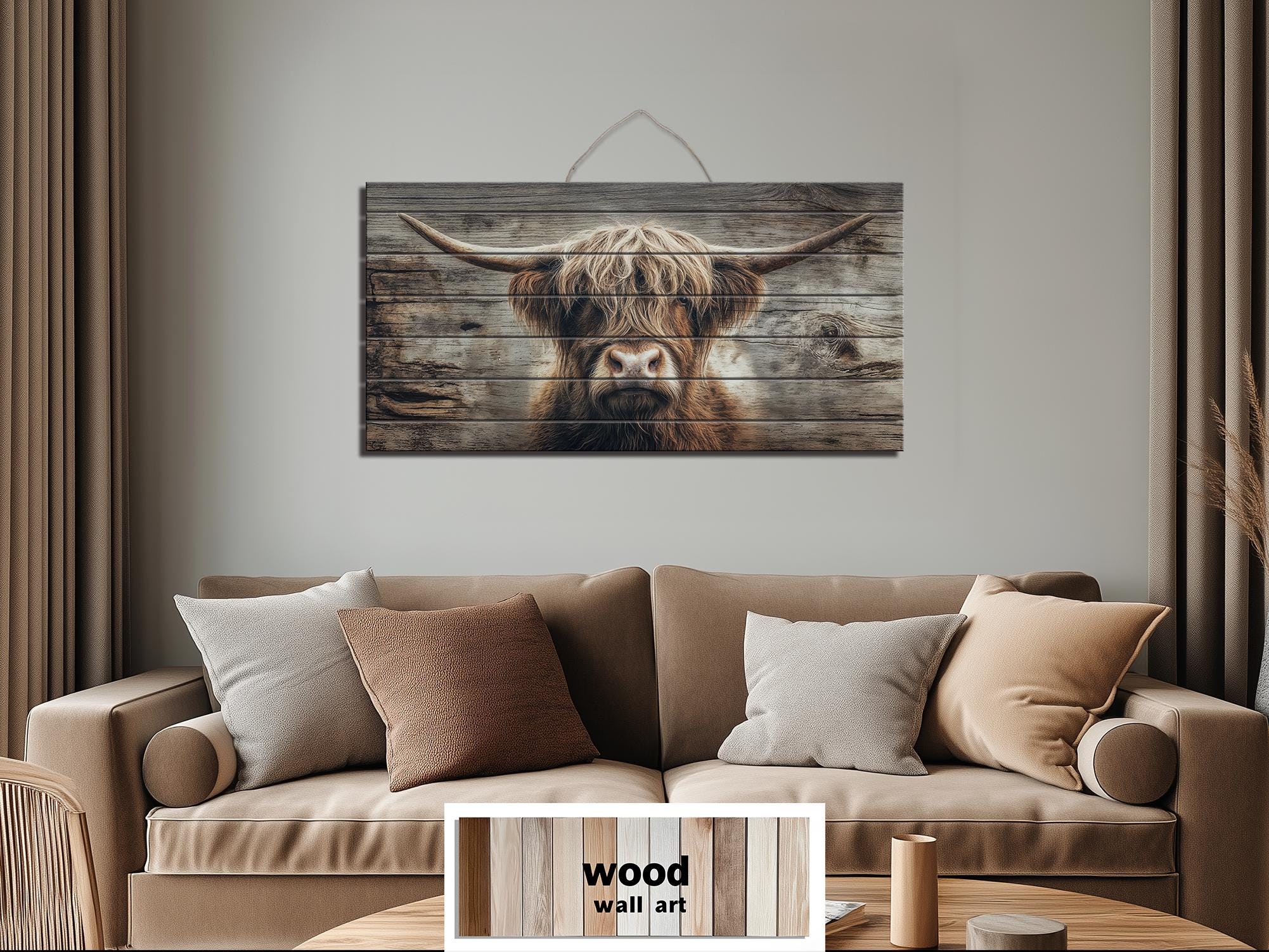 Highland Cow Portrait Large Horizontal Wood Wall Art, Rustic Farmhouse Decor
