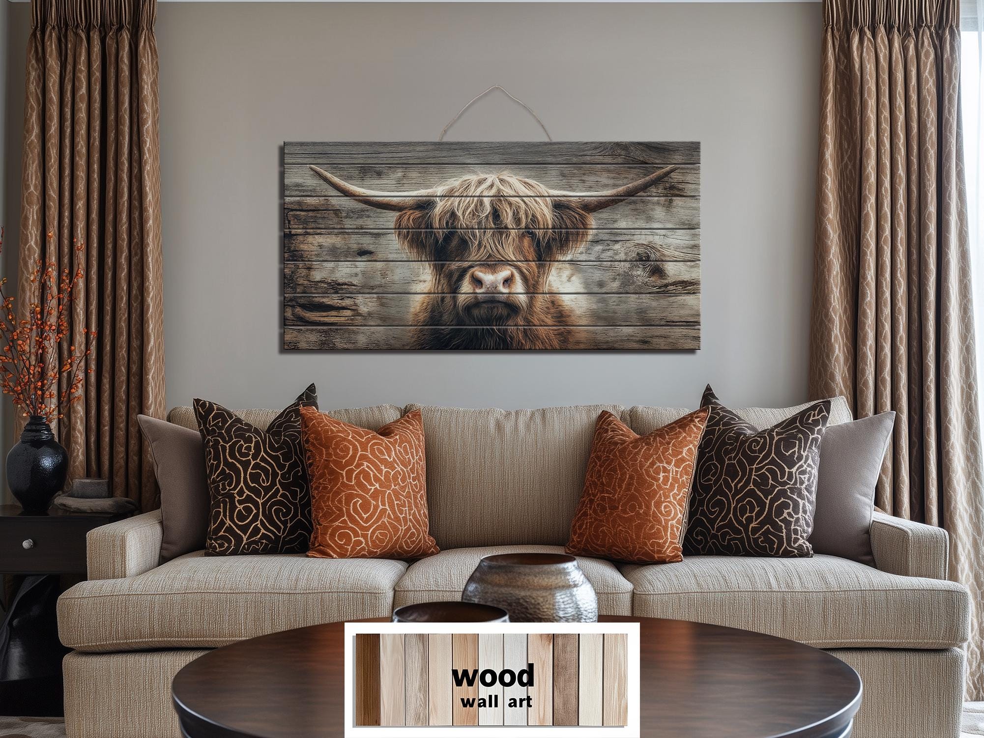 Highland Cow Portrait Large Horizontal Wood Wall Art, Rustic Farmhouse Decor