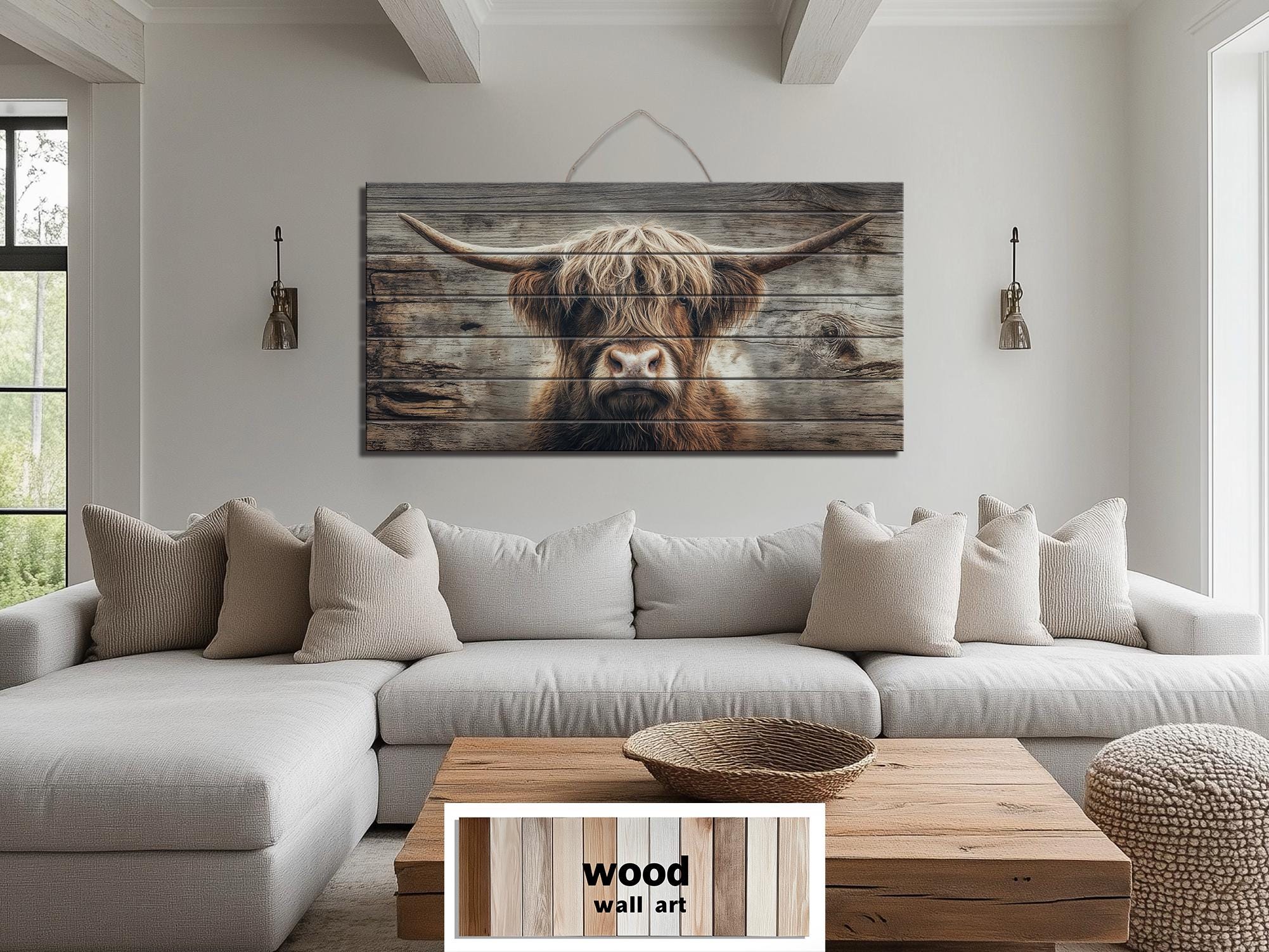 Highland Cow Portrait Large Horizontal Wood Wall Art, Rustic Farmhouse Decor