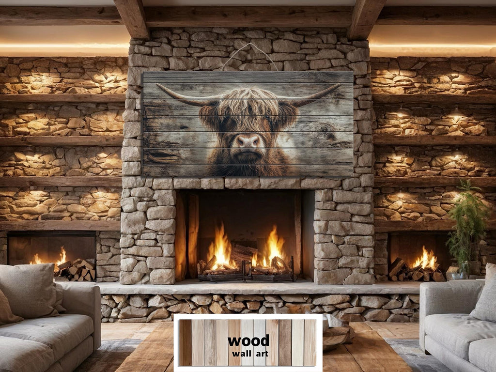 Highland Cow Portrait Large Horizontal Wood Wall Art, Rustic Farmhouse Decor