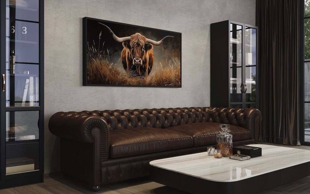 Highland Cow Wall Art – Framed Canvas Painting | Rustic Farmhouse Decor