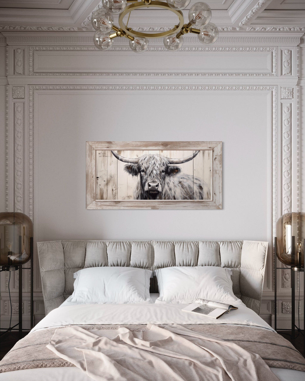 Highland Cow Wall Art - Rustic Farmhouse Decor Framed Canvas Print With Natural Wood Texture