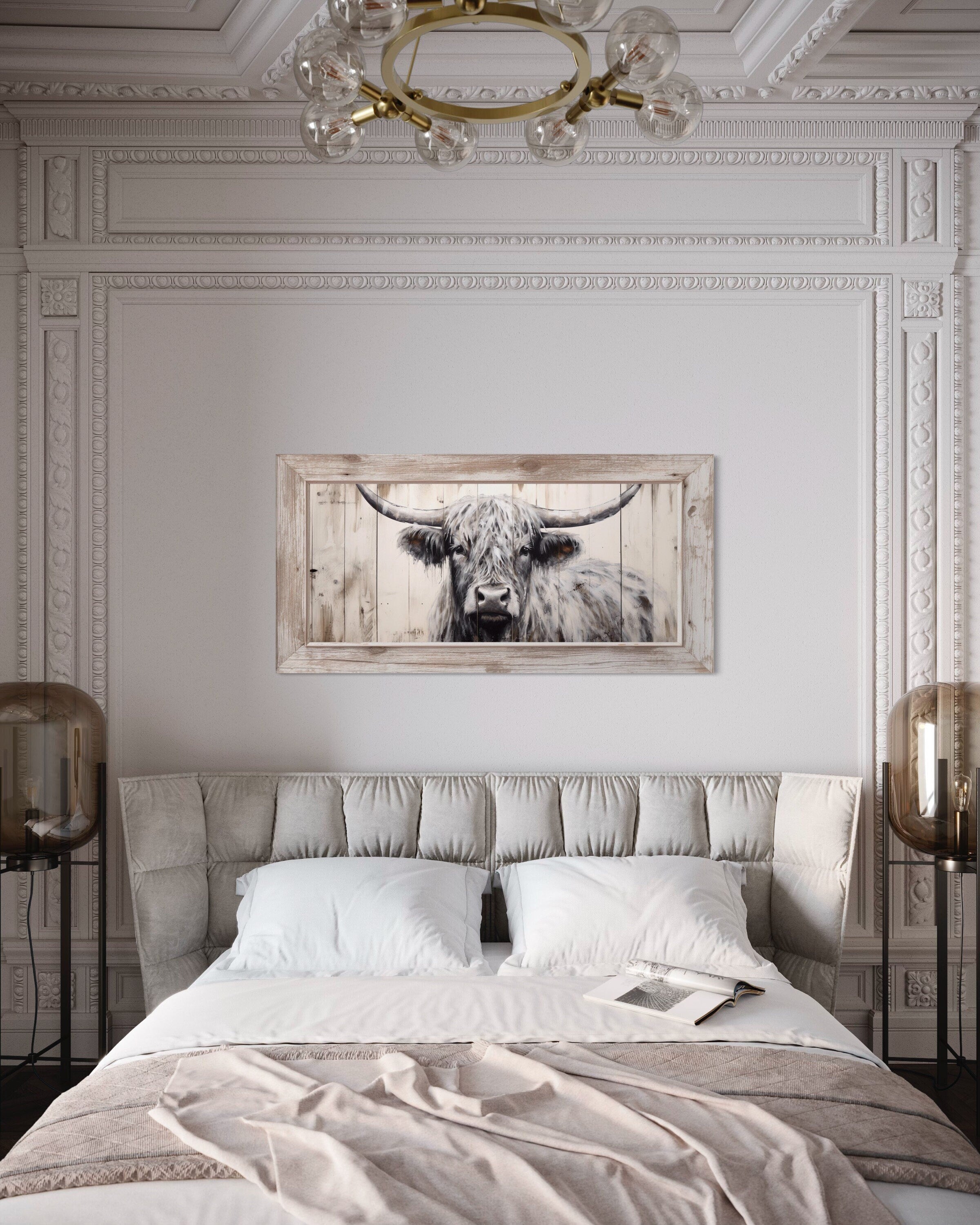 Highland Cow Wall Art - Rustic Farmhouse Decor Framed Canvas Print With Natural Wood Texture