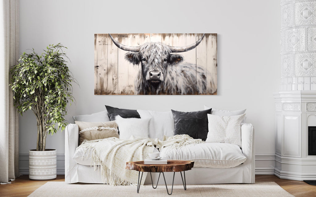 Highland Cow Wall Art - Rustic Farmhouse Decor Framed Canvas Print With Natural Wood Texture