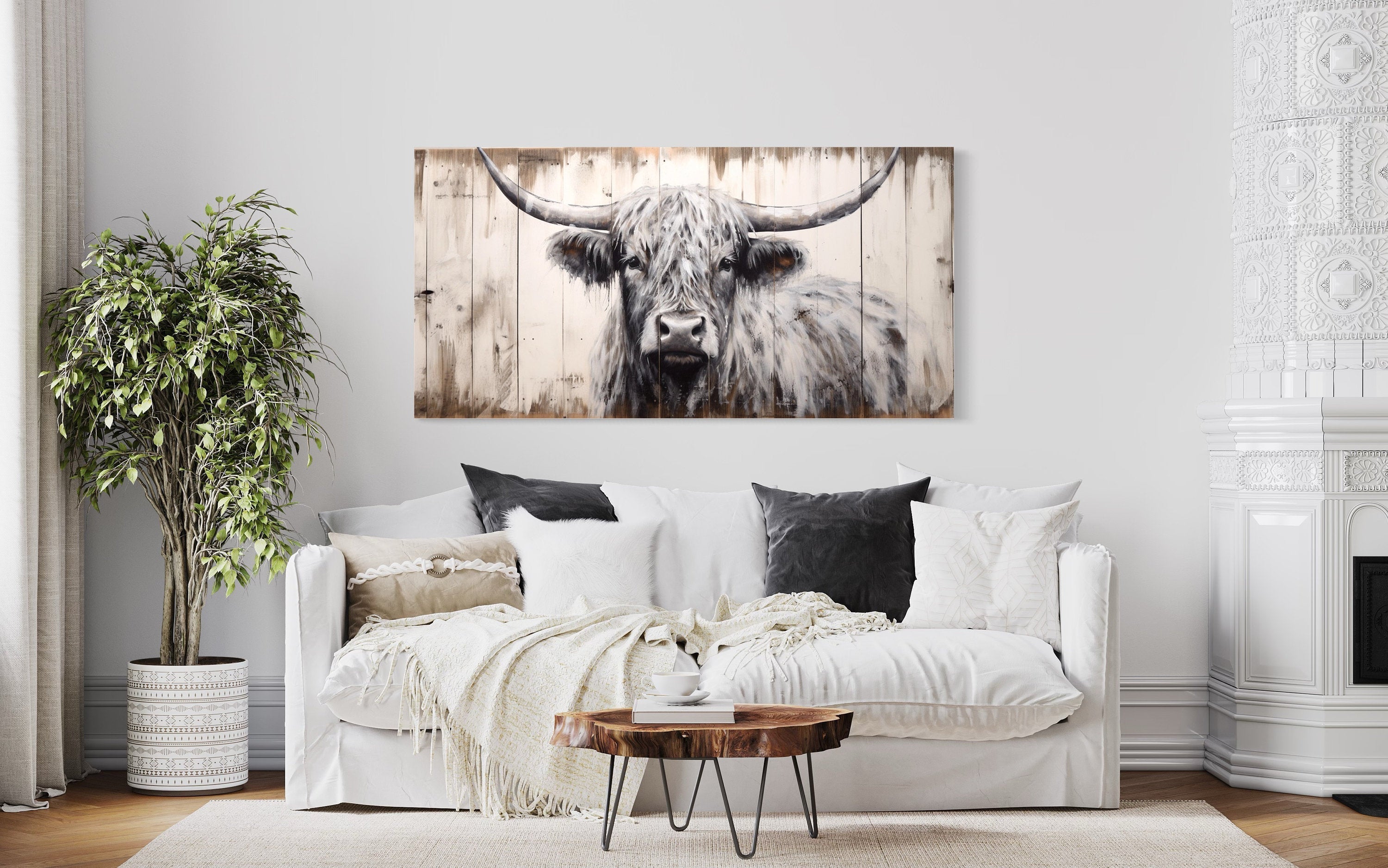 Highland Cow Wall Art - Rustic Farmhouse Decor Framed Canvas Print With Natural Wood Texture