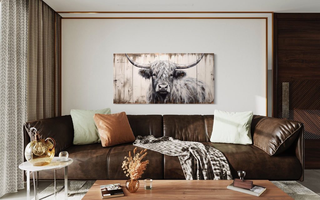Highland Cow Wall Art - Rustic Farmhouse Decor Framed Canvas Print With Natural Wood Texture