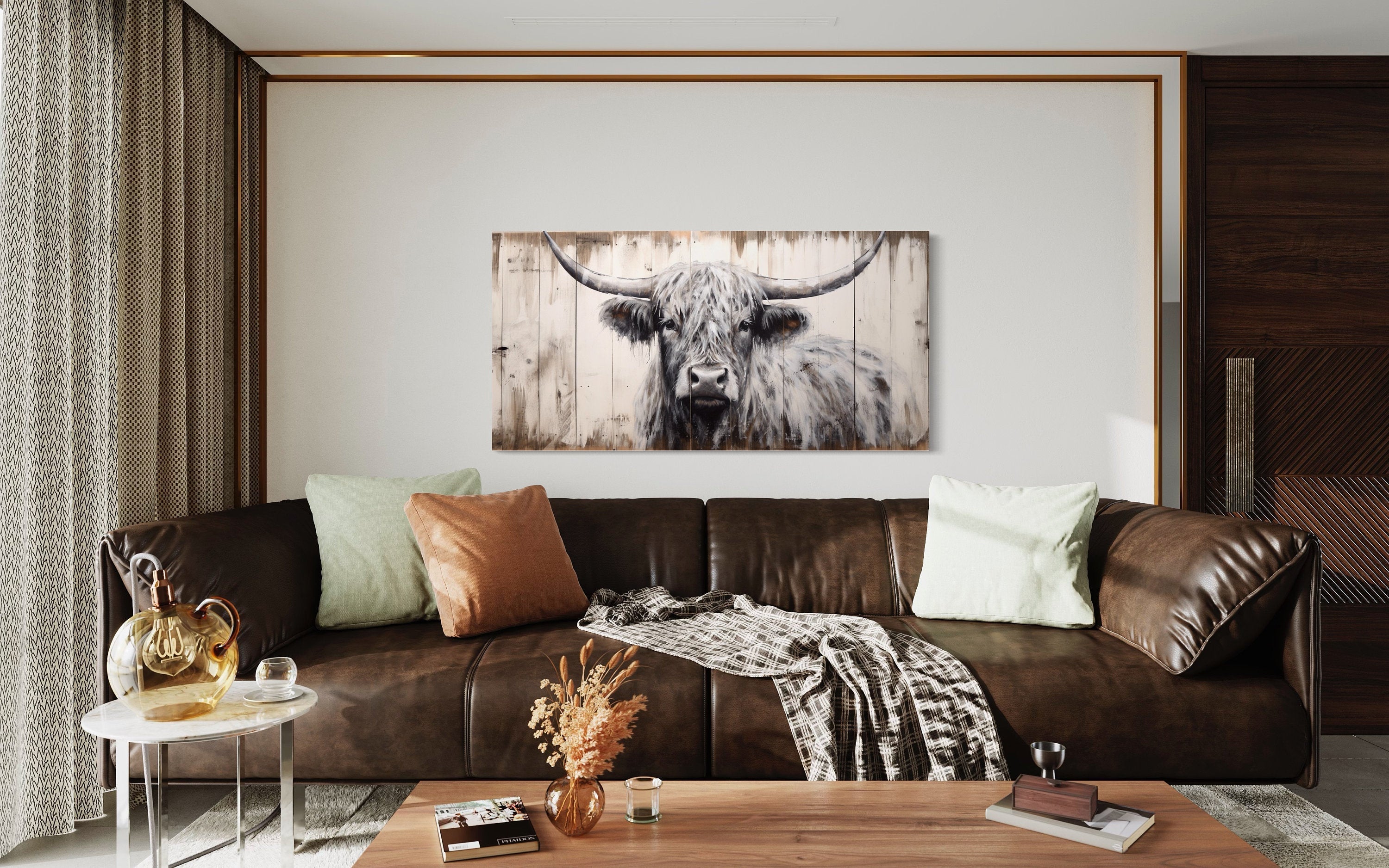 Highland Cow Wall Art - Rustic Farmhouse Decor Framed Canvas Print With Natural Wood Texture