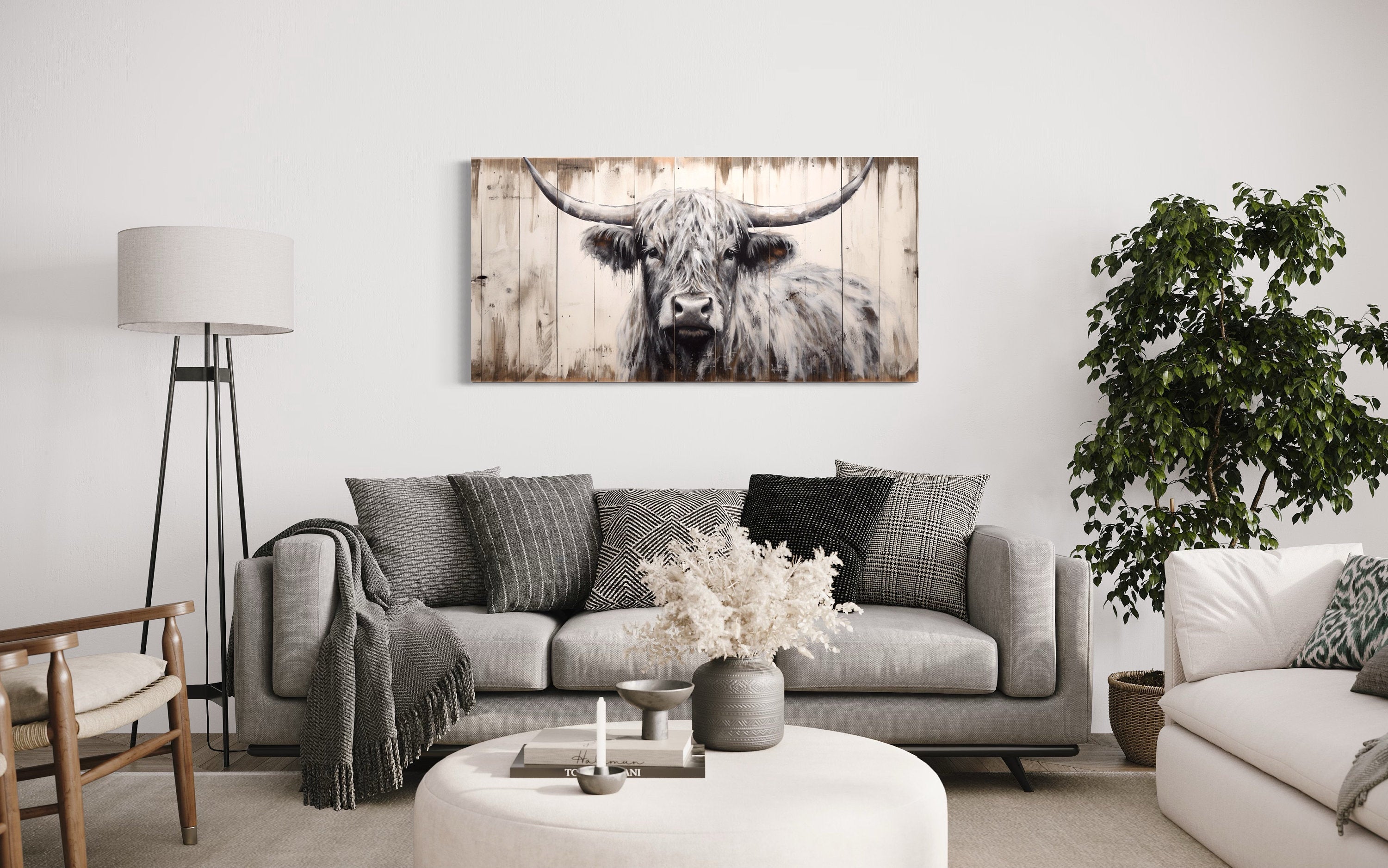 Highland Cow Wall Art - Rustic Farmhouse Decor Framed Canvas Print With Natural Wood Texture