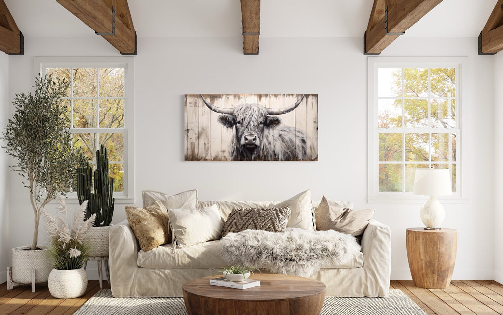 Highland Cow Wall Art - Rustic Farmhouse Decor Framed Canvas Print With Natural Wood Texture