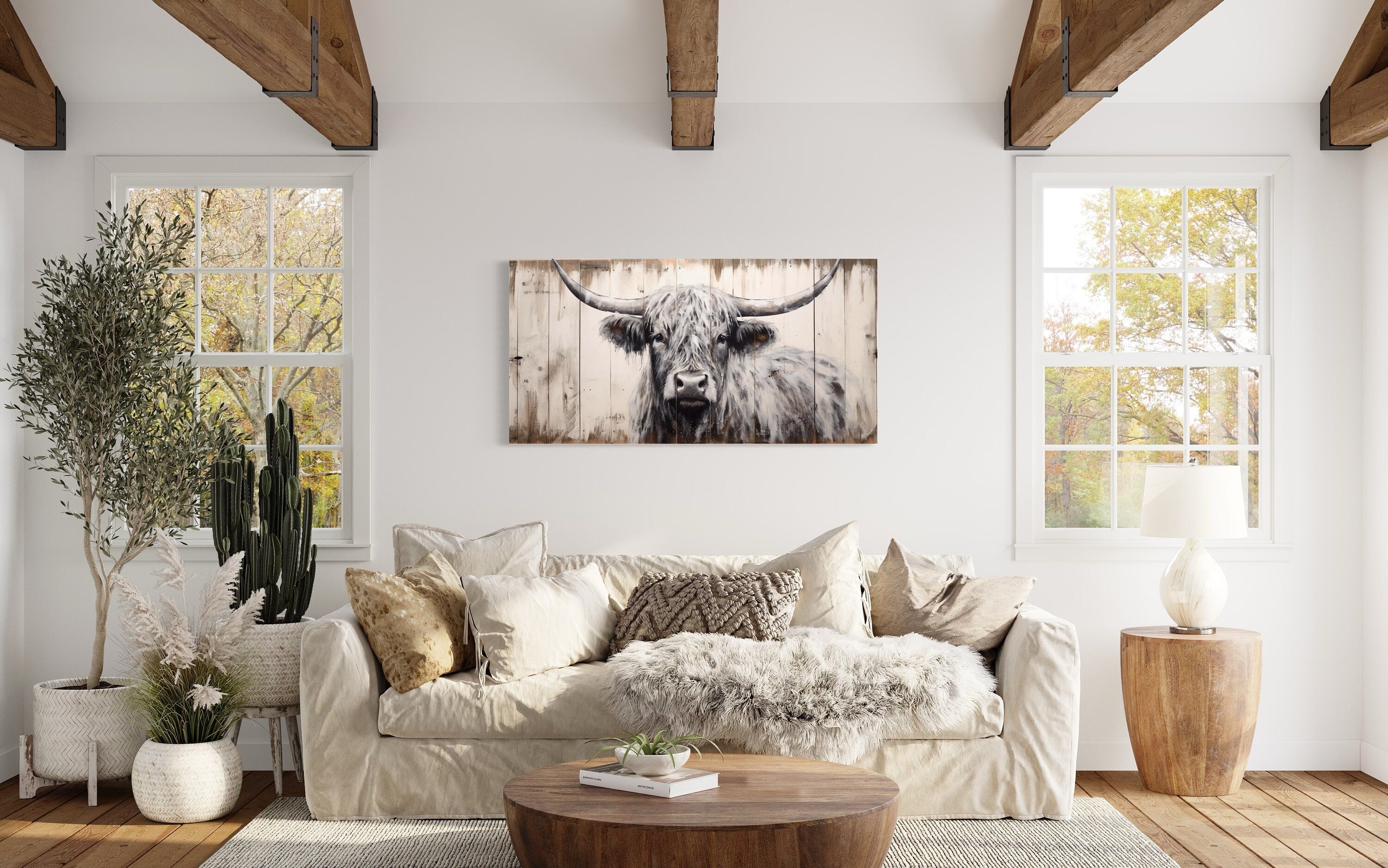 Highland Cow Wall Art - Rustic Farmhouse Decor Framed Canvas Print With Natural Wood Texture