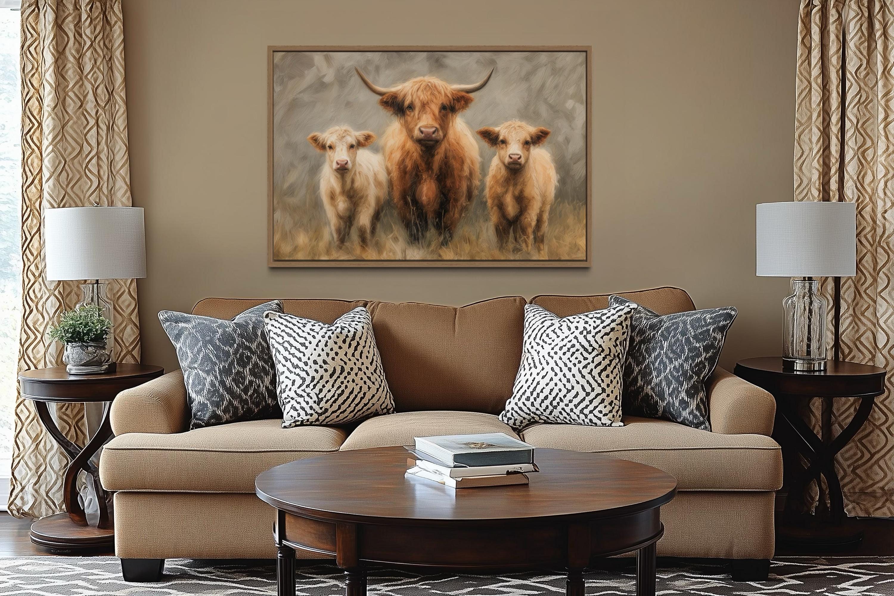Highland Cow and Two Calves Canvas Wall Art