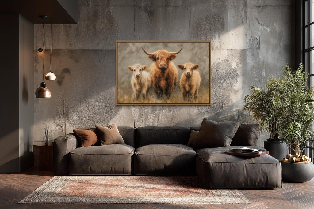 Highland Cow and Two Calves Canvas Wall Art