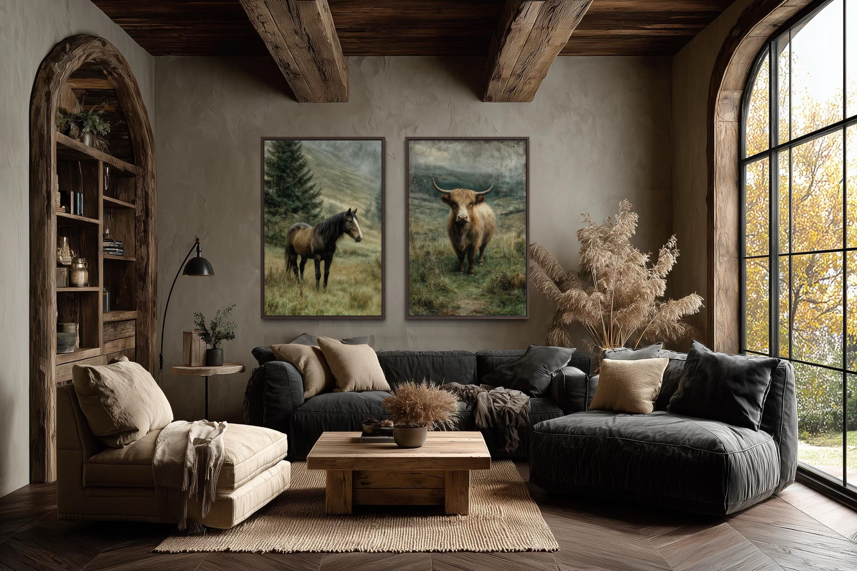 Horse And Highland Cow In Green Pasture Canvas Wall Art Set Of 2