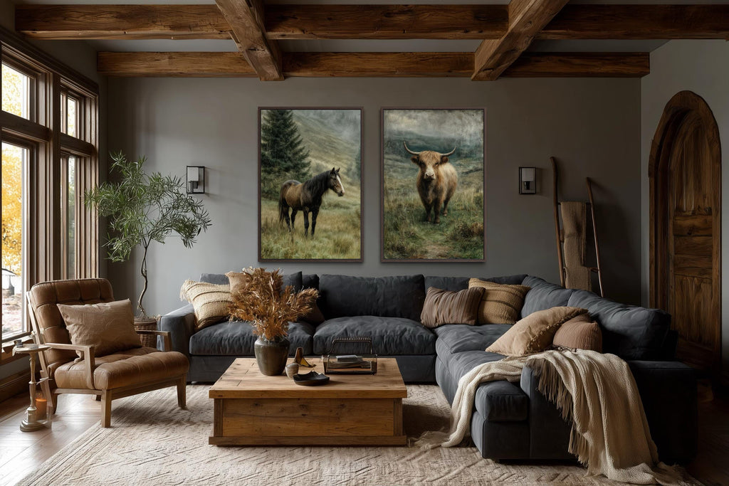 Horse And Highland Cow In Green Pasture Canvas Wall Art Set Of 2