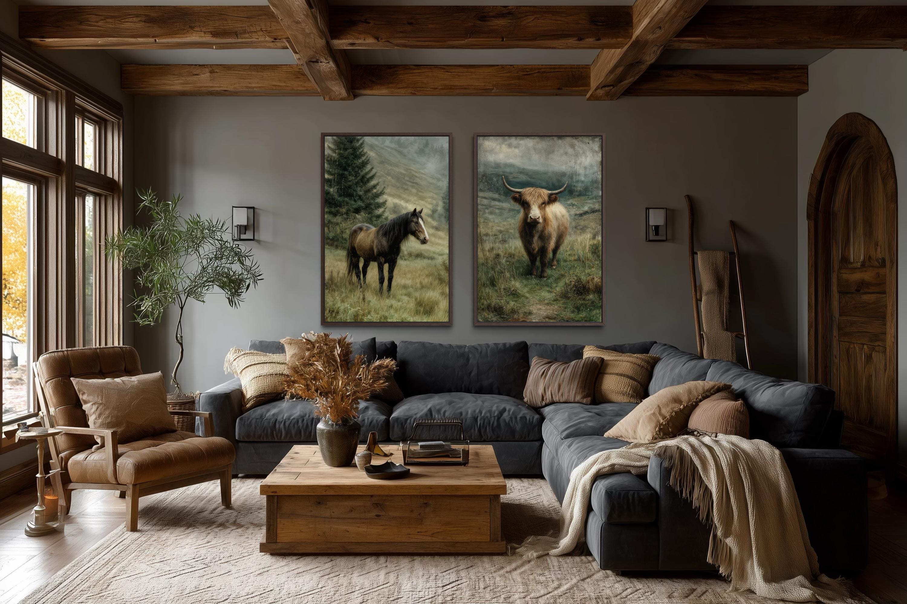 Horse And Highland Cow In Green Pasture Canvas Wall Art Set Of 2