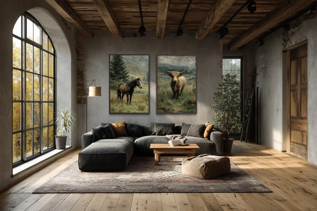Horse And Highland Cow In Green Pasture Canvas Wall Art Set Of 2