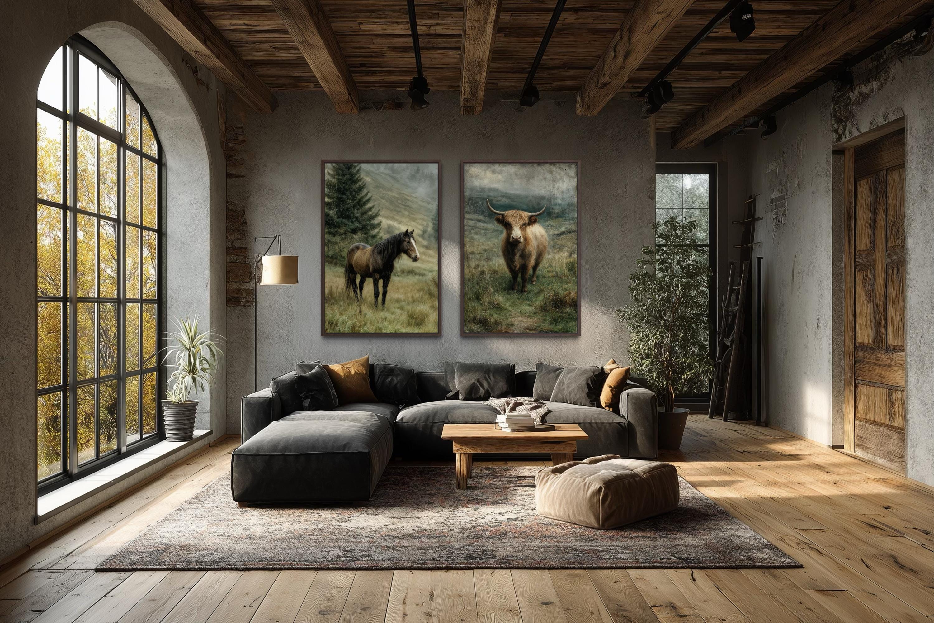 Horse And Highland Cow In Green Pasture Canvas Wall Art Set Of 2