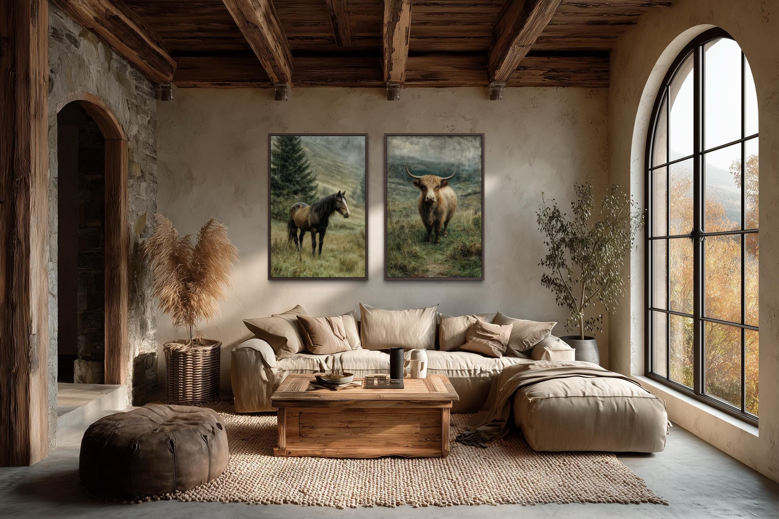 Horse And Highland Cow In Green Pasture Canvas Wall Art Set Of 2