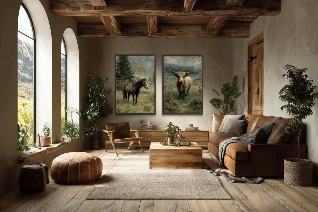 Horse And Highland Cow In Green Pasture Canvas Wall Art Set Of 2