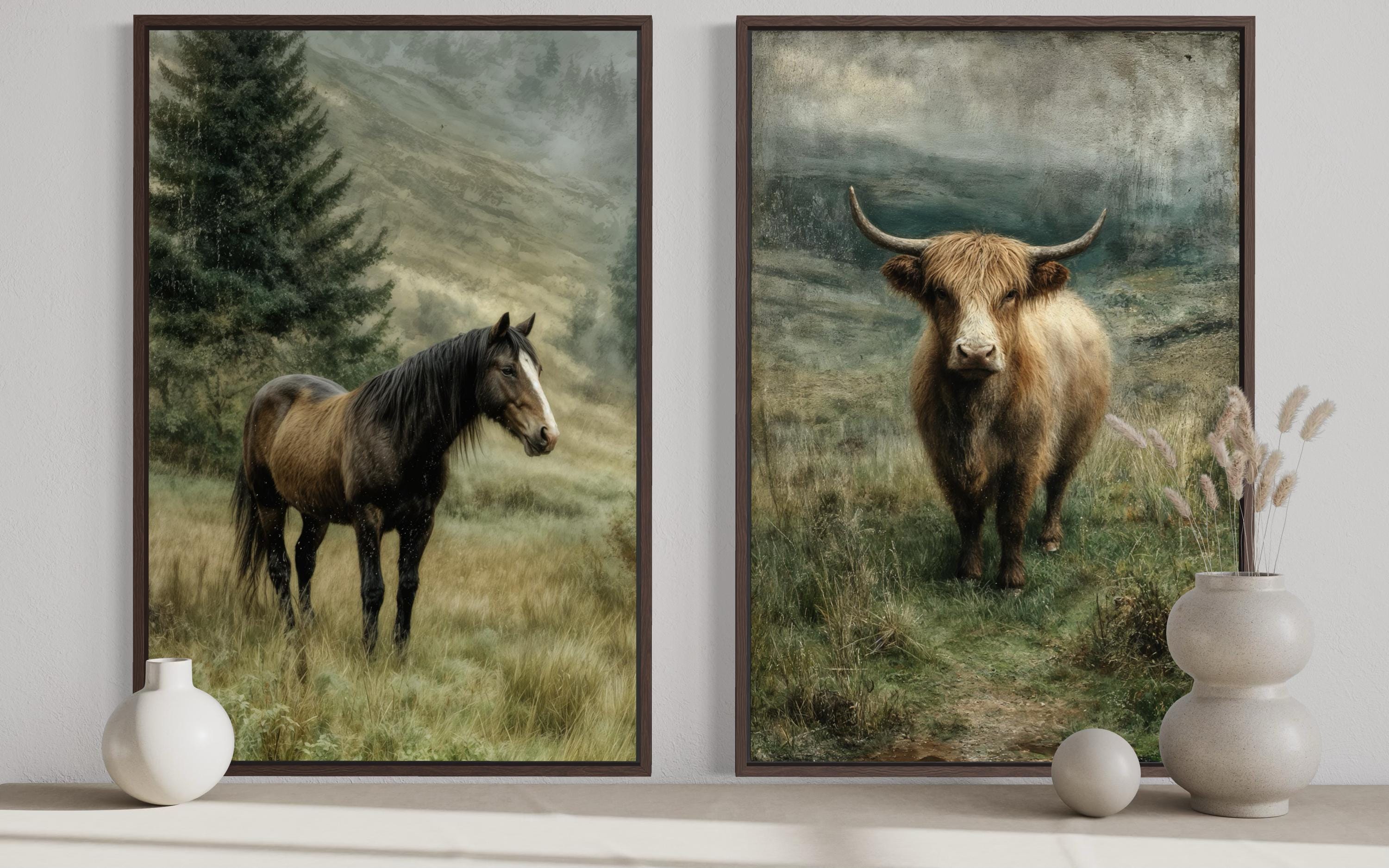Horse And Highland Cow In Green Pasture Canvas Wall Art Set Of 2
