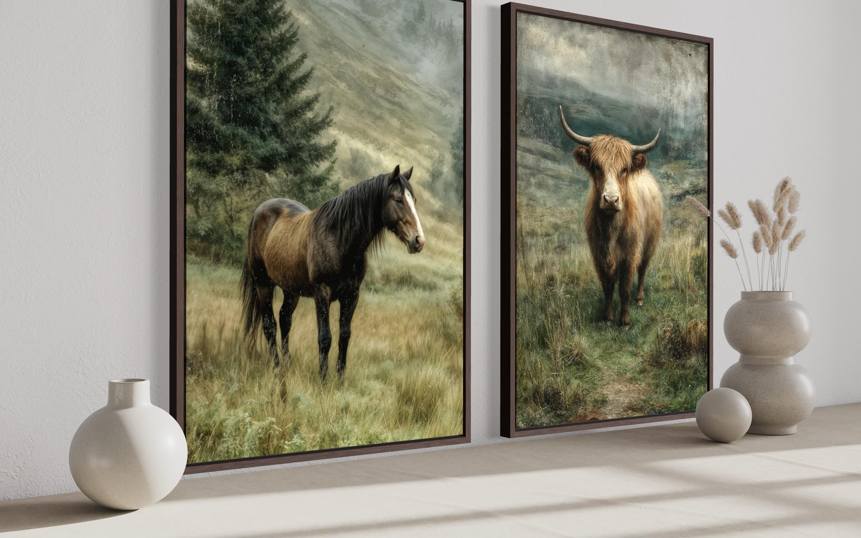 Horse And Highland Cow In Green Pasture Canvas Wall Art Set Of 2