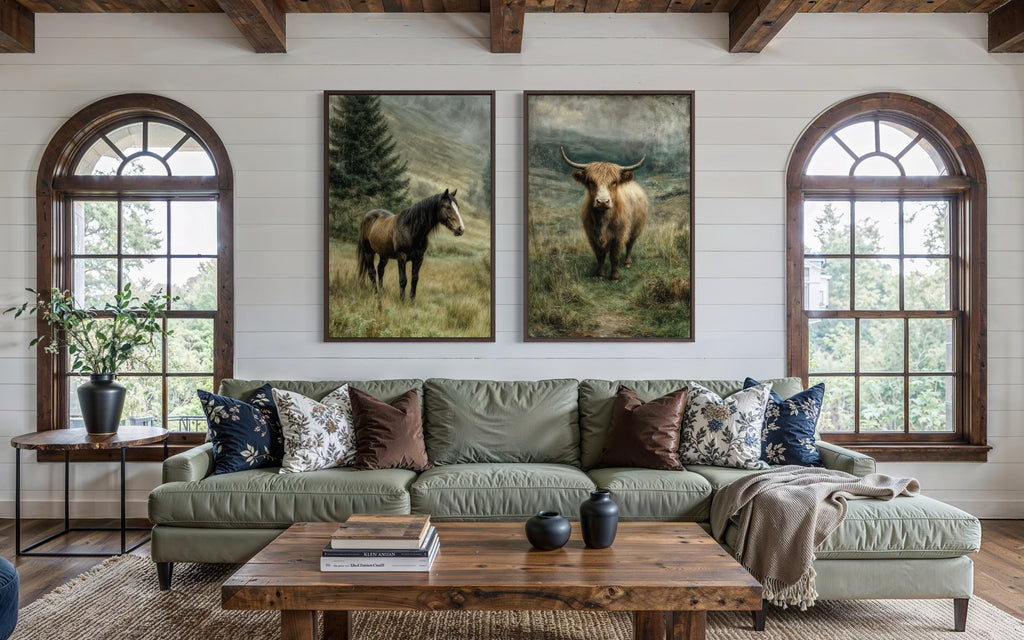 Horse And Highland Cow In Green Pasture Canvas Wall Art Set Of 2