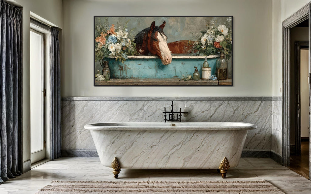 Horse In Bathtub With Flowers Canvas Wall Art