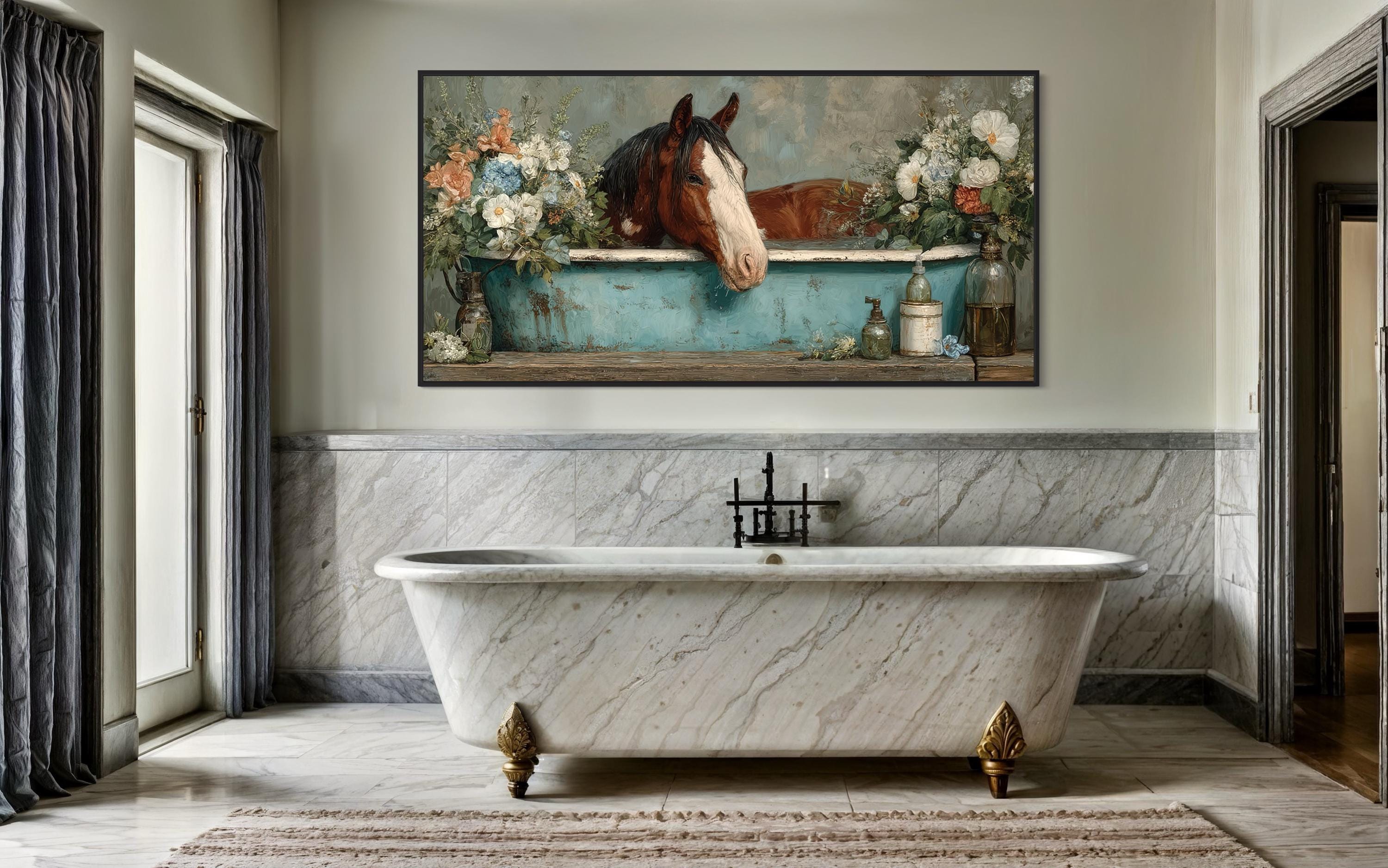 Horse In Bathtub With Flowers Canvas Wall Art