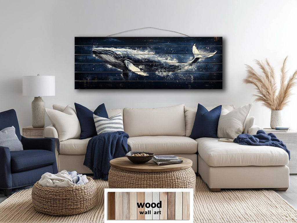 Humpback Whale Nautical Long Narrow Distressed Wood Wall Art