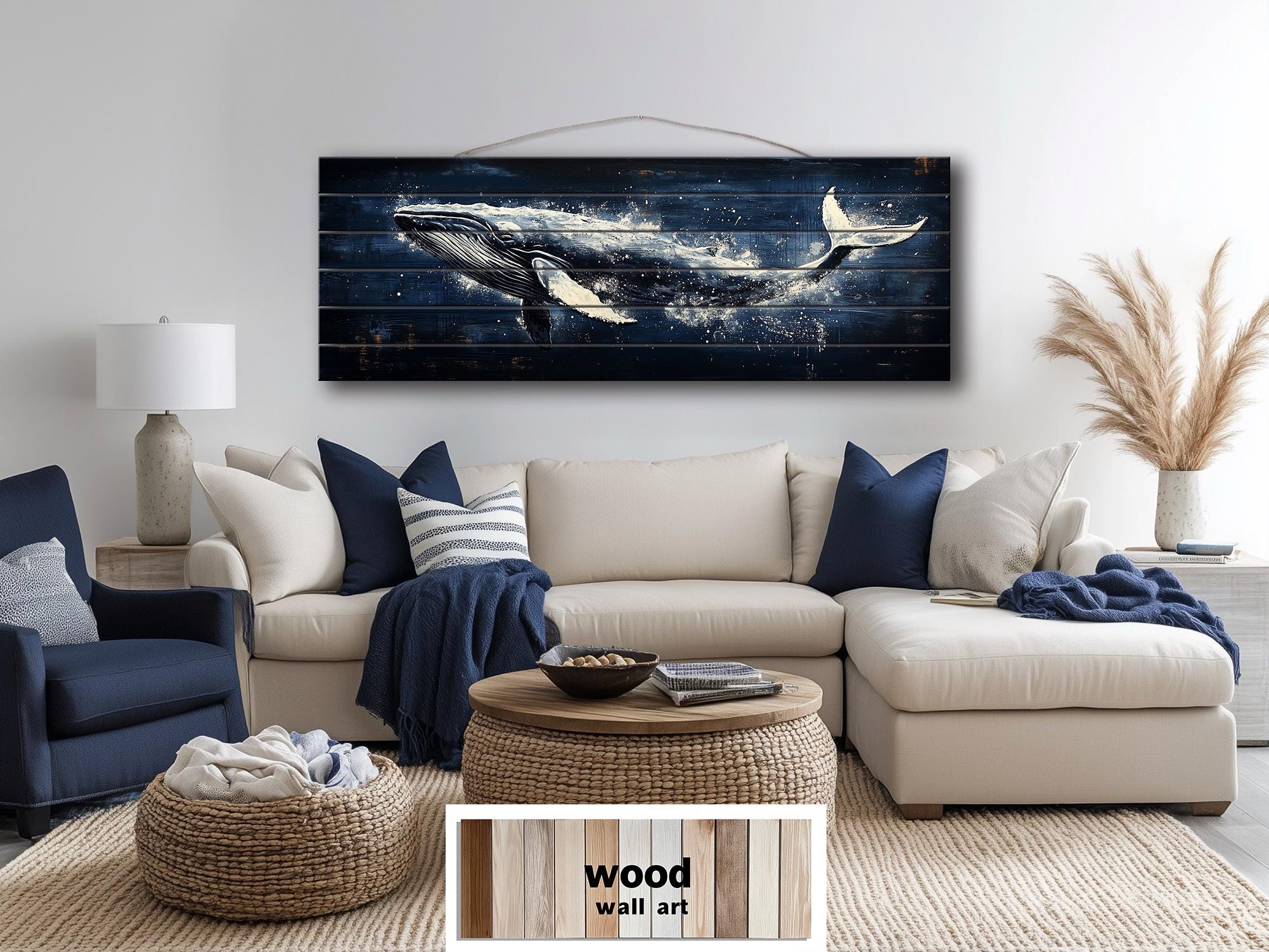 Humpback Whale Nautical Long Narrow Distressed Wood Wall Art