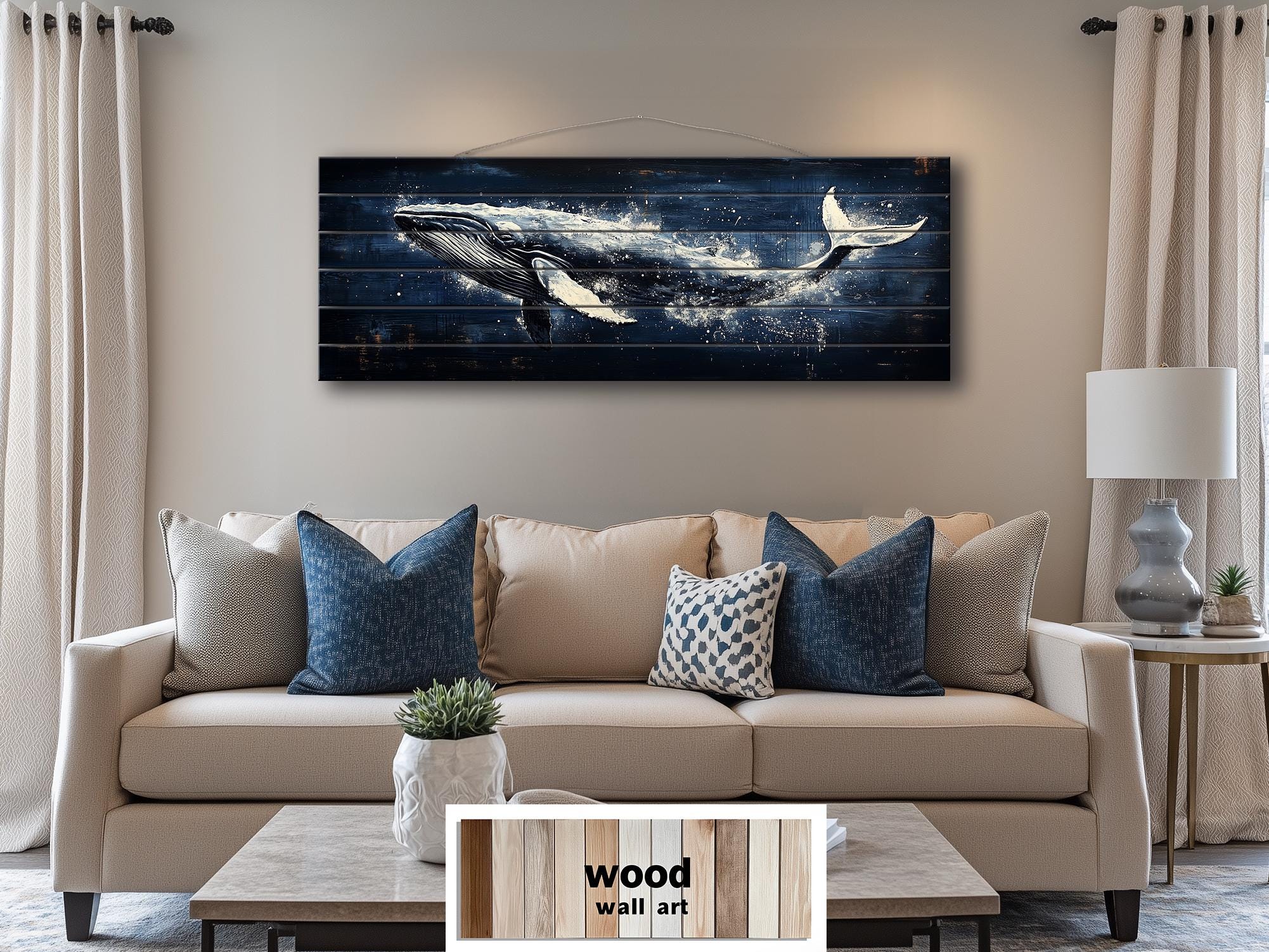 Humpback Whale Nautical Long Narrow Distressed Wood Wall Art