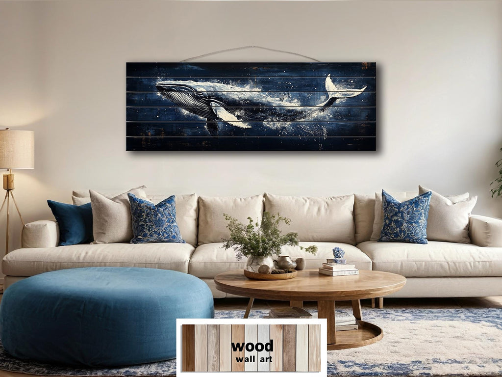 Humpback Whale Nautical Long Narrow Distressed Wood Wall Art