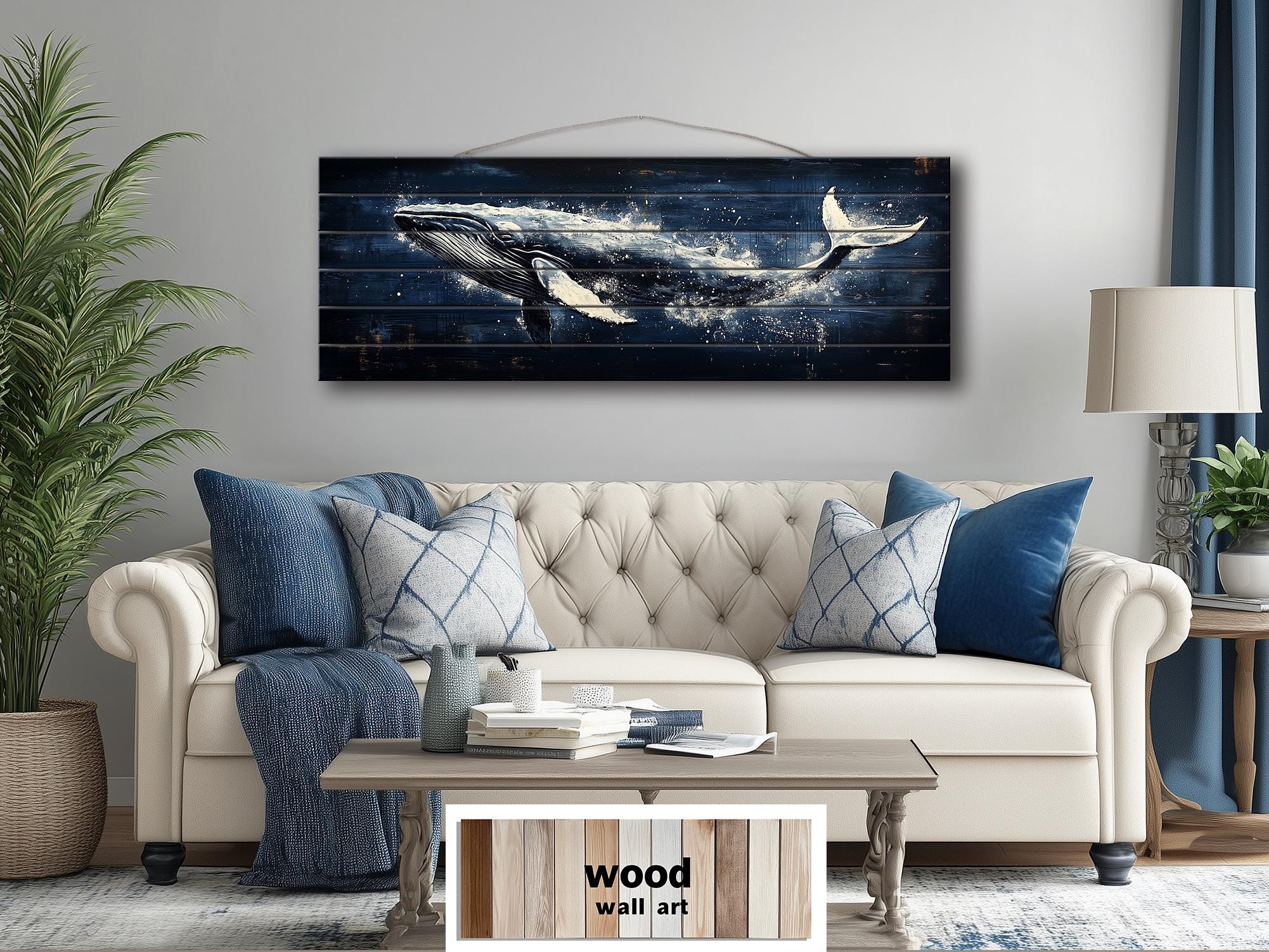 Humpback Whale Nautical Long Narrow Distressed Wood Wall Art